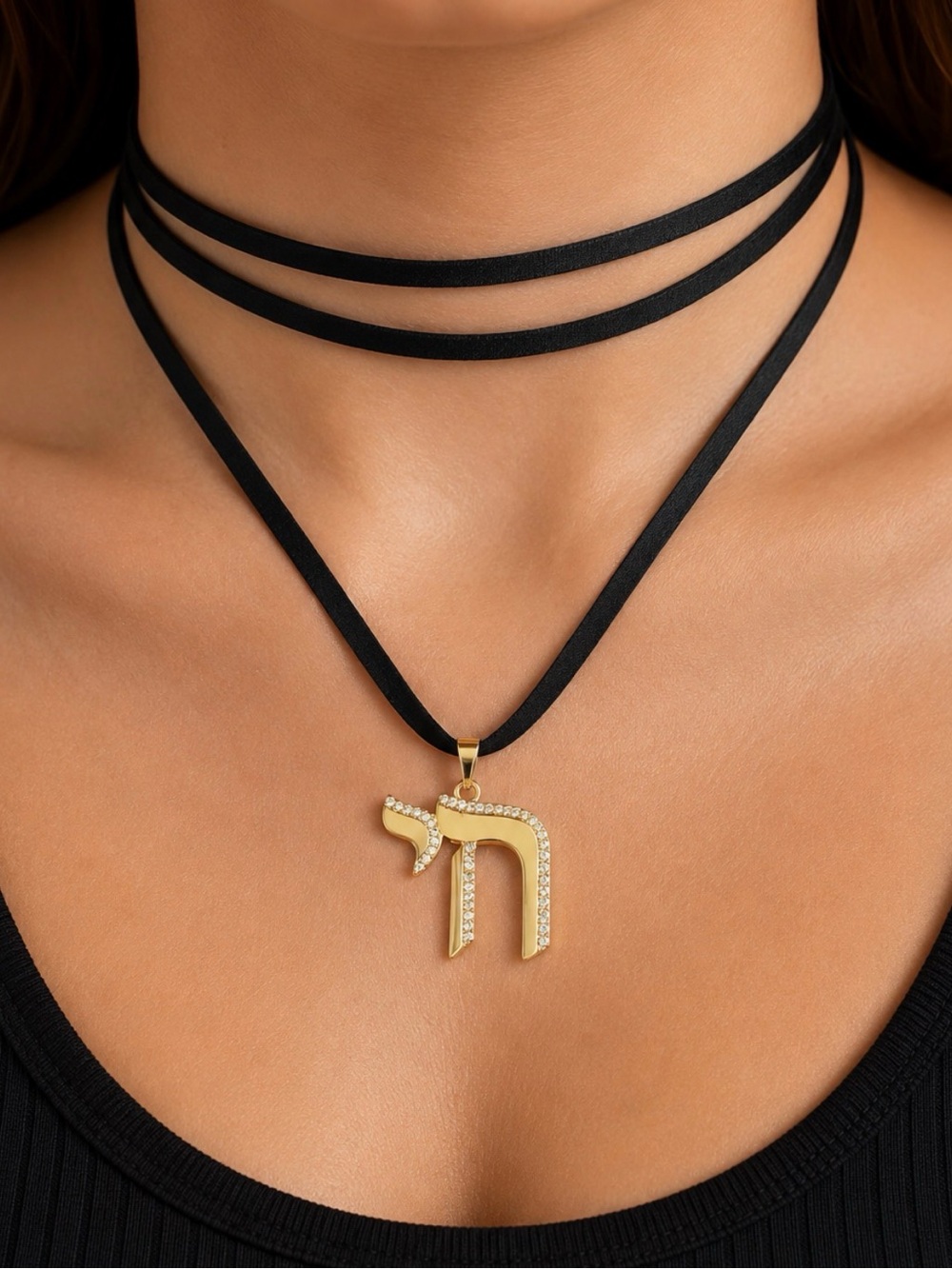 Gold Hebrew Letter Chai Pendant Necklace - Black suede 18K Real Gold Plated